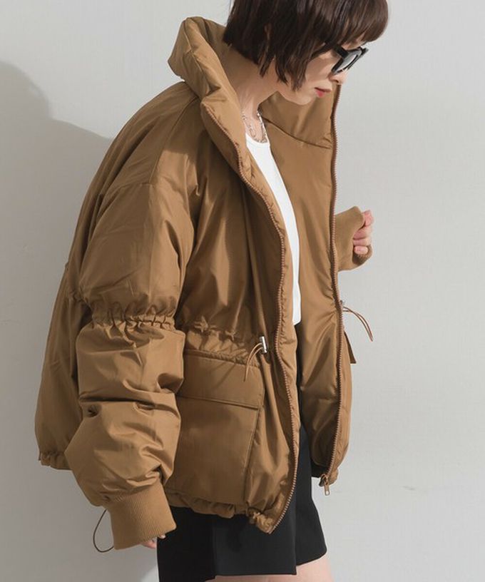 日本 ELENCARE DUE - 蓬鬆袖立領腰抽繩科技羽絨保暖外套-黑