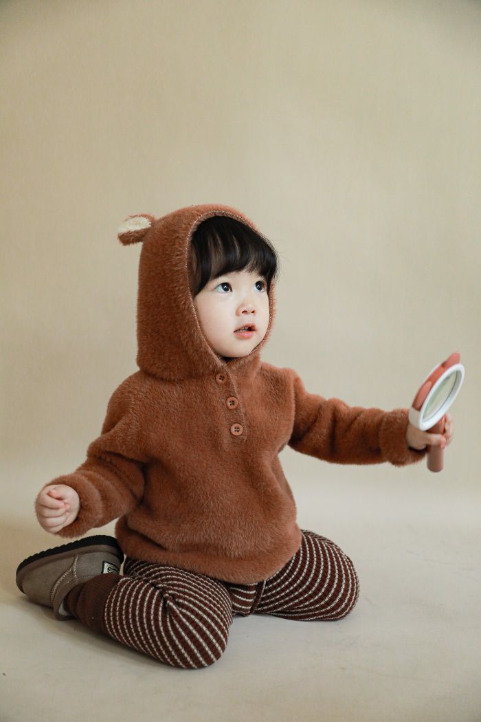 加厚連帽兒童造型上衣-熊耳朵-咖啡色