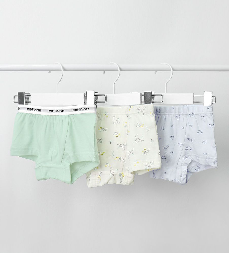韓國 Mellisse - 韓製無螢光棉透氣四角褲(男寶)-藍X綠X米-三件組