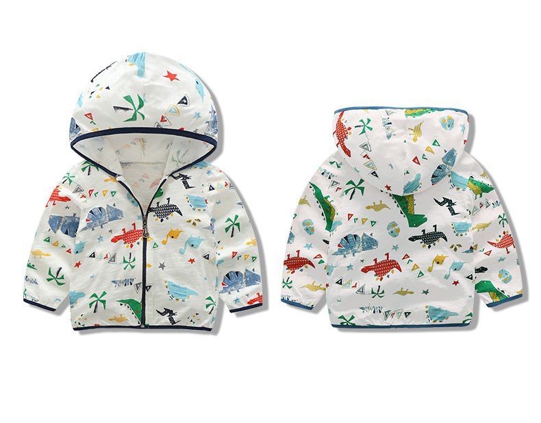 純棉連帽防曬外套/空調外套-恐龍的幾何世界-白色