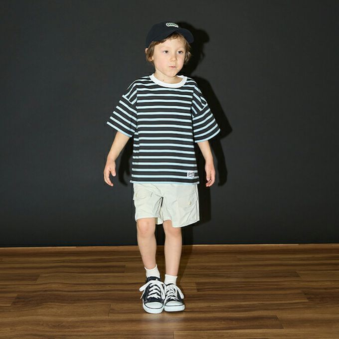 日本 b-ROOM - 柔軟不易皺條紋落肩短袖上衣-紅x深藍