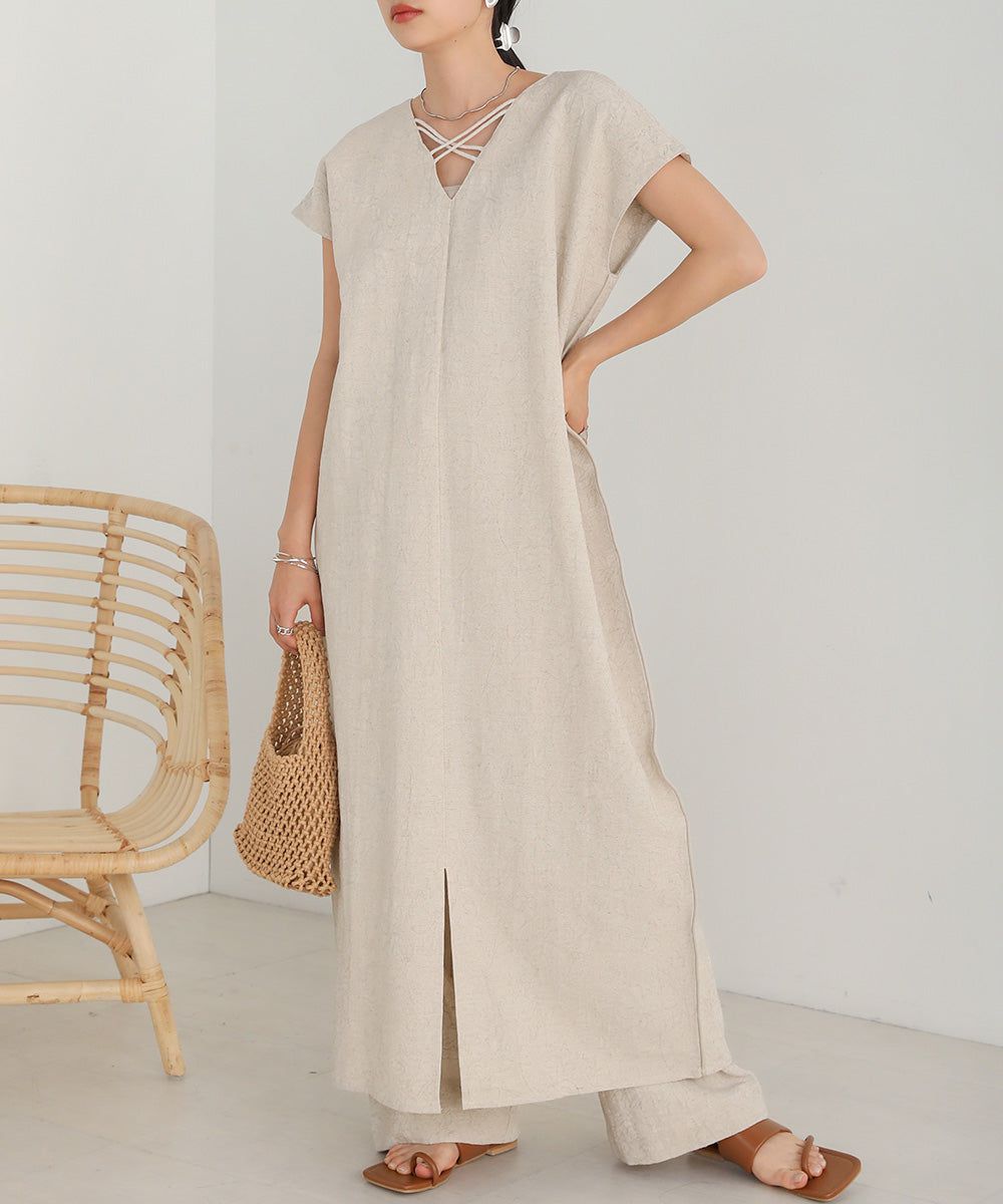 日本 Bab - 2WAY質感棉麻法式袖洋裝-米杏