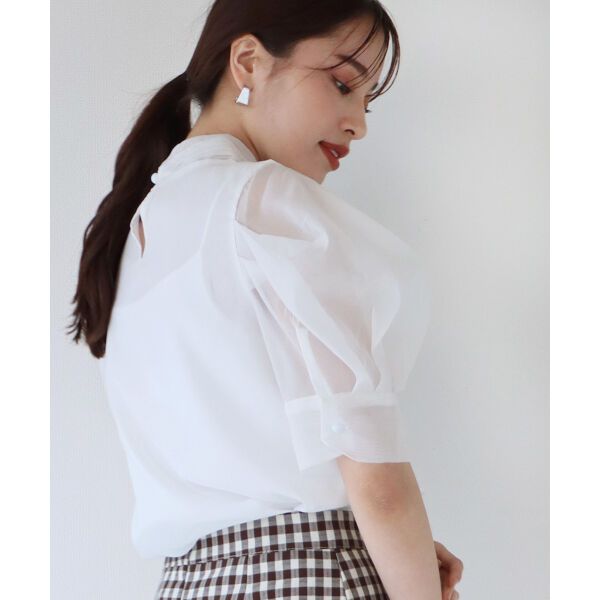 日本 BLUE EAST - 氣質薄紗蝴蝶結泡泡短袖上衣-白