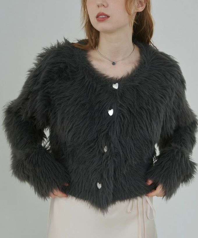 日本 Bab - 奢華毛海愛心扣前後2way開襟衫-短版-炭灰