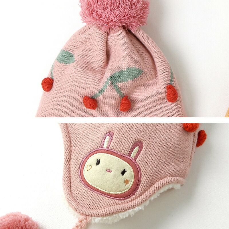 日本 ZOOLAND - 防寒刷毛保暖針織毛帽-兔子立耳-淺粉