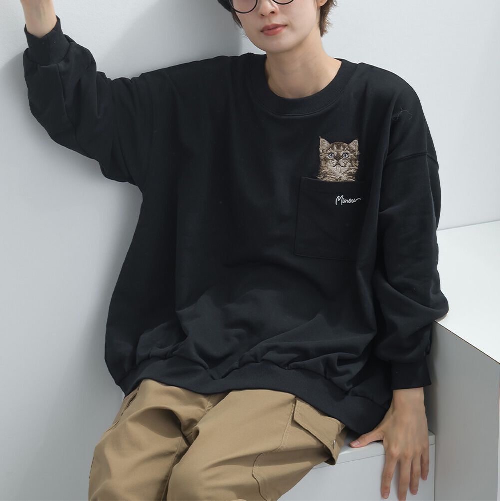 舒適休閒裏毛長袖上衣-貓咪刺繡-黑