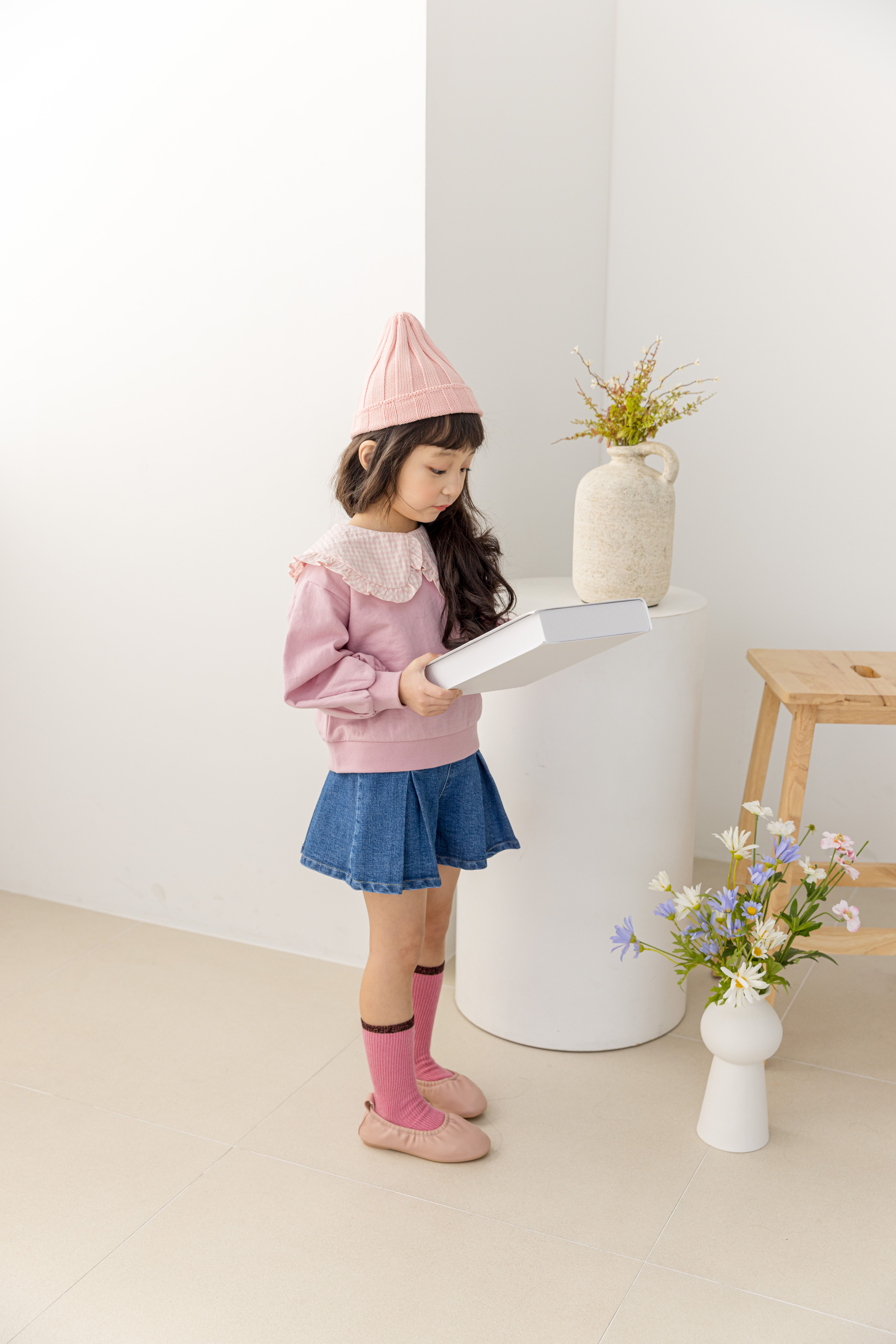 韓國 Orange Mom - 荷葉滾邊格子領泡泡袖上衣-粉紅