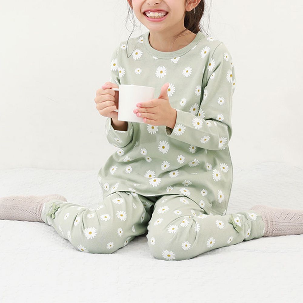 100%棉 高腰長袖家居服套裝(女孩款)-小白花-淺綠