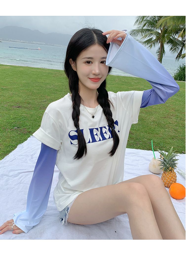 寬鬆成人冰絲防曬袖套-漸層款-粉+藍 (F(約48x12cm))