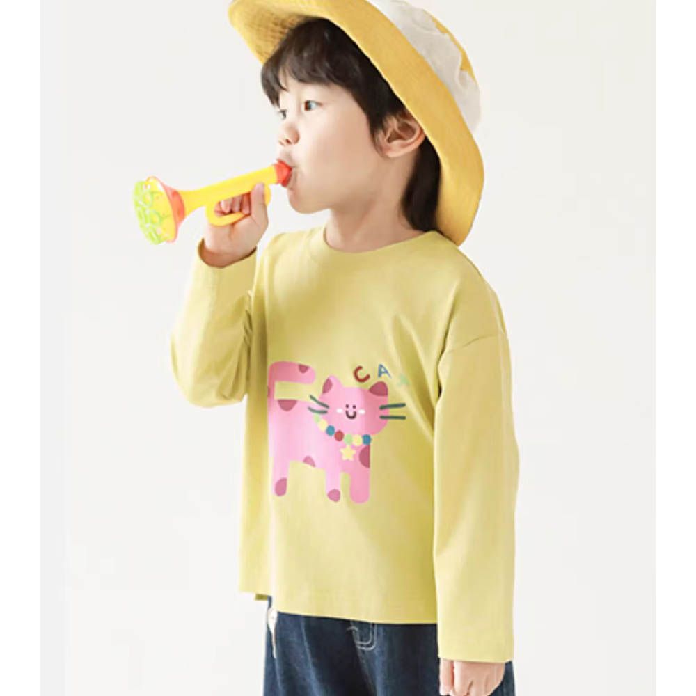 純棉圓領落肩長袖上衣-粉粉貓咪-黃色