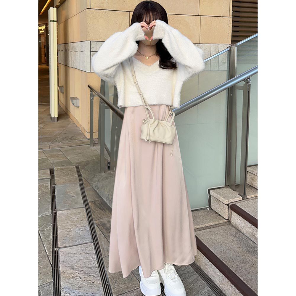 日本 GRL - 溫柔氣質短版針織x吊帶裙兩件組-粉杏 (F)