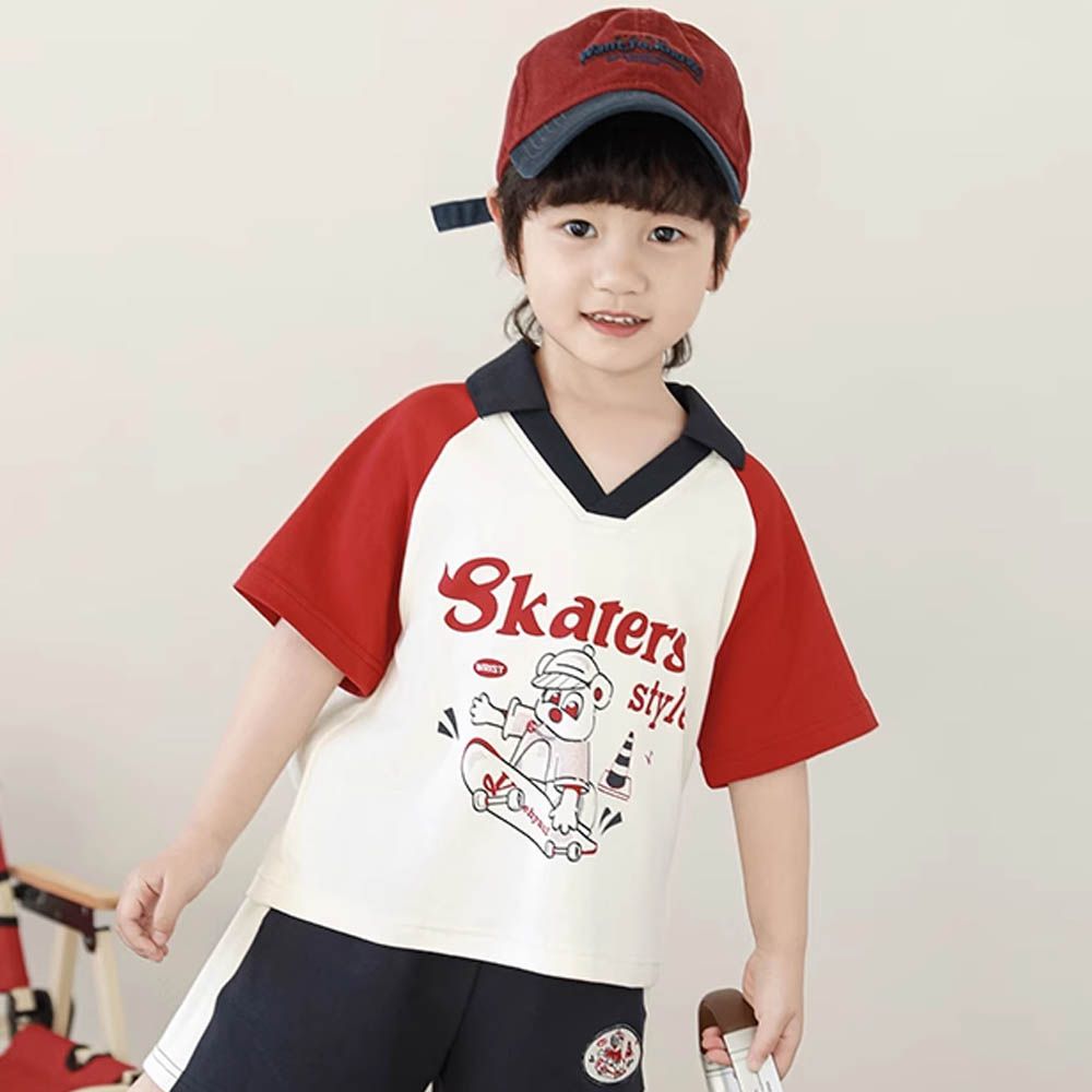 純棉撞色翻領短袖上衣-老鼠-拼袖紅