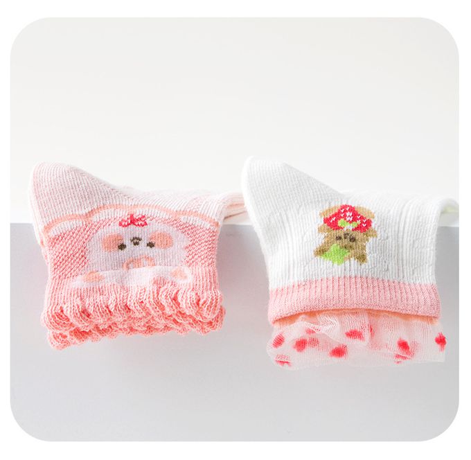 可愛小貓草莓荷葉邊網眼短筒棉襪