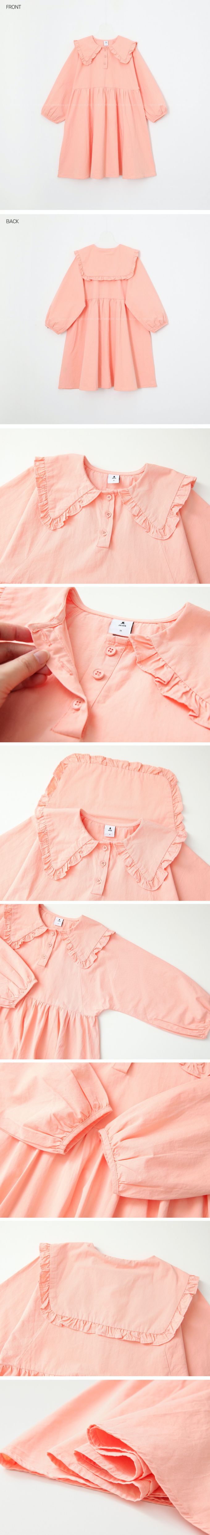 韓國 J KIDS - 優雅公主翻領連身長袖洋裝-蜜桃粉