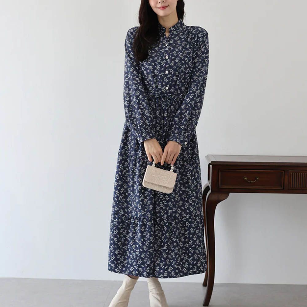 [人氣款]簡約抽繩收腰長袖洋裝-小葉子-海軍藍