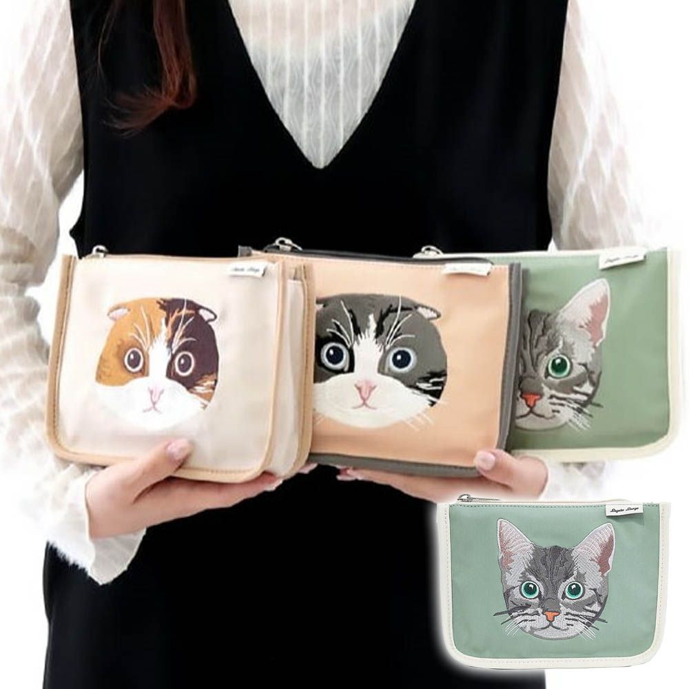 貓咪臉刺繡大容量化妝包-灰虎斑-春綠 (18.5x13.5cm)