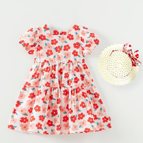 韓國 OZKIZ - (附帽子)亮眼紅花壓紋泡泡袖洋裝
