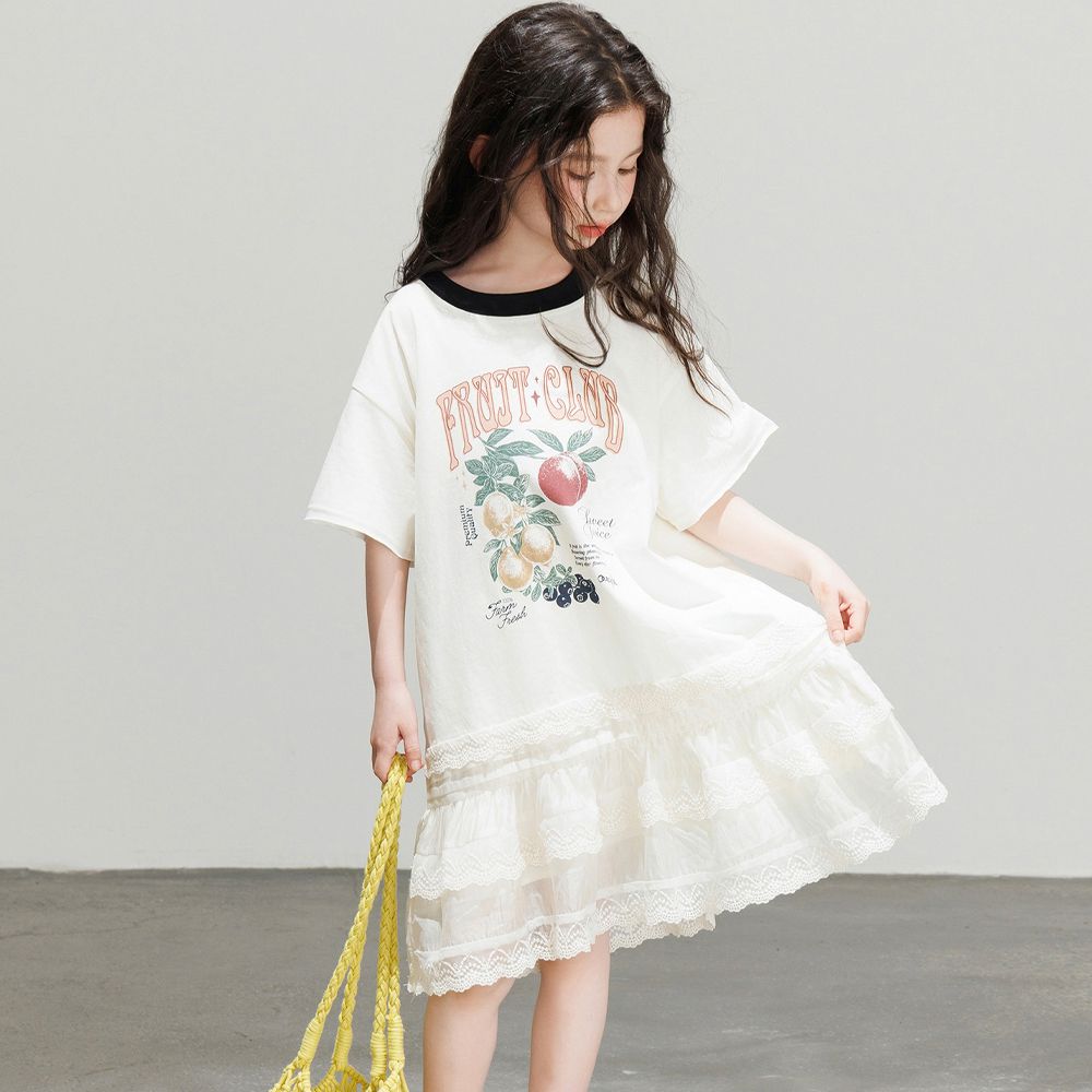 蕾絲拼接短袖洋裝-水果-米白色