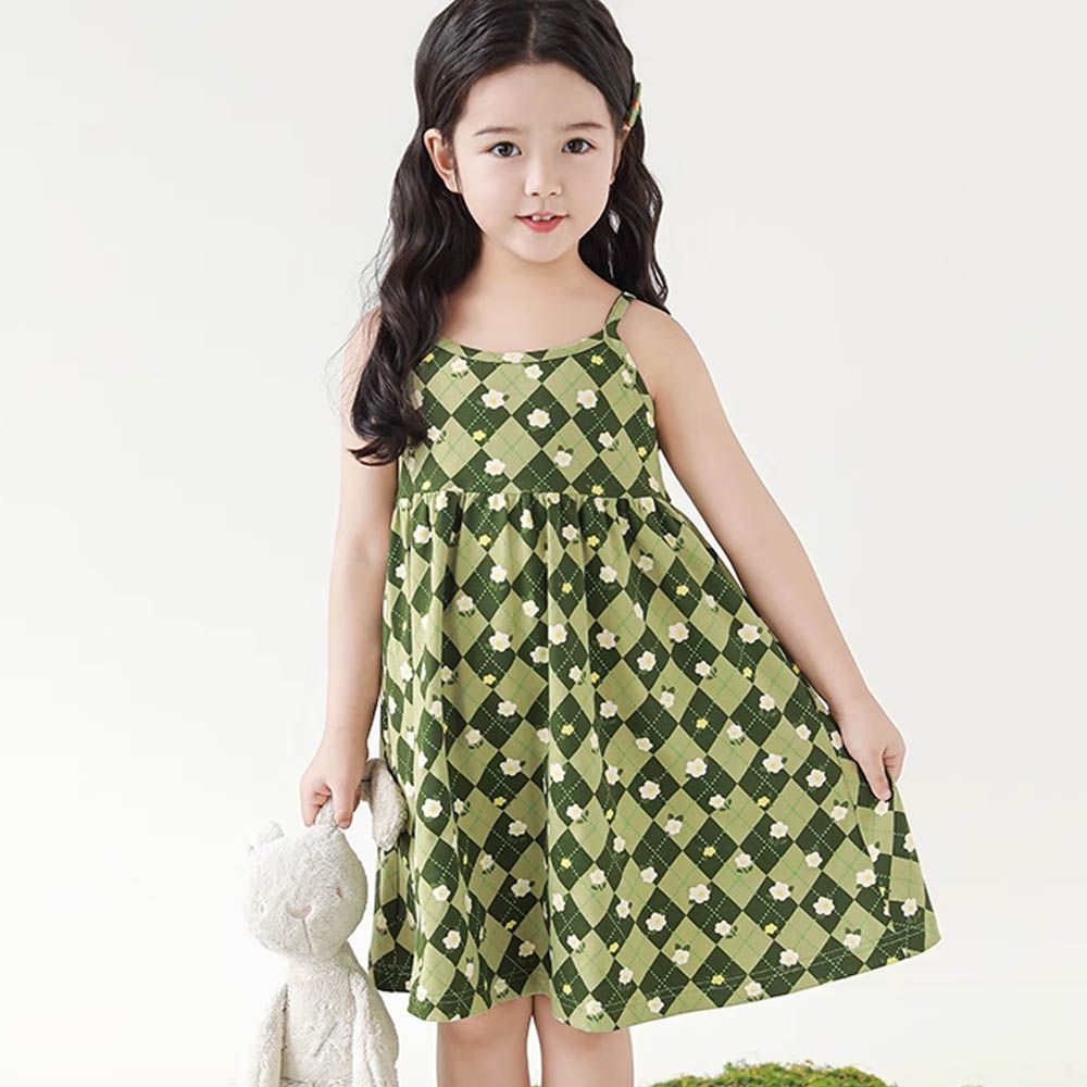 森林系細肩帶洋裝-菱格小花-綠色