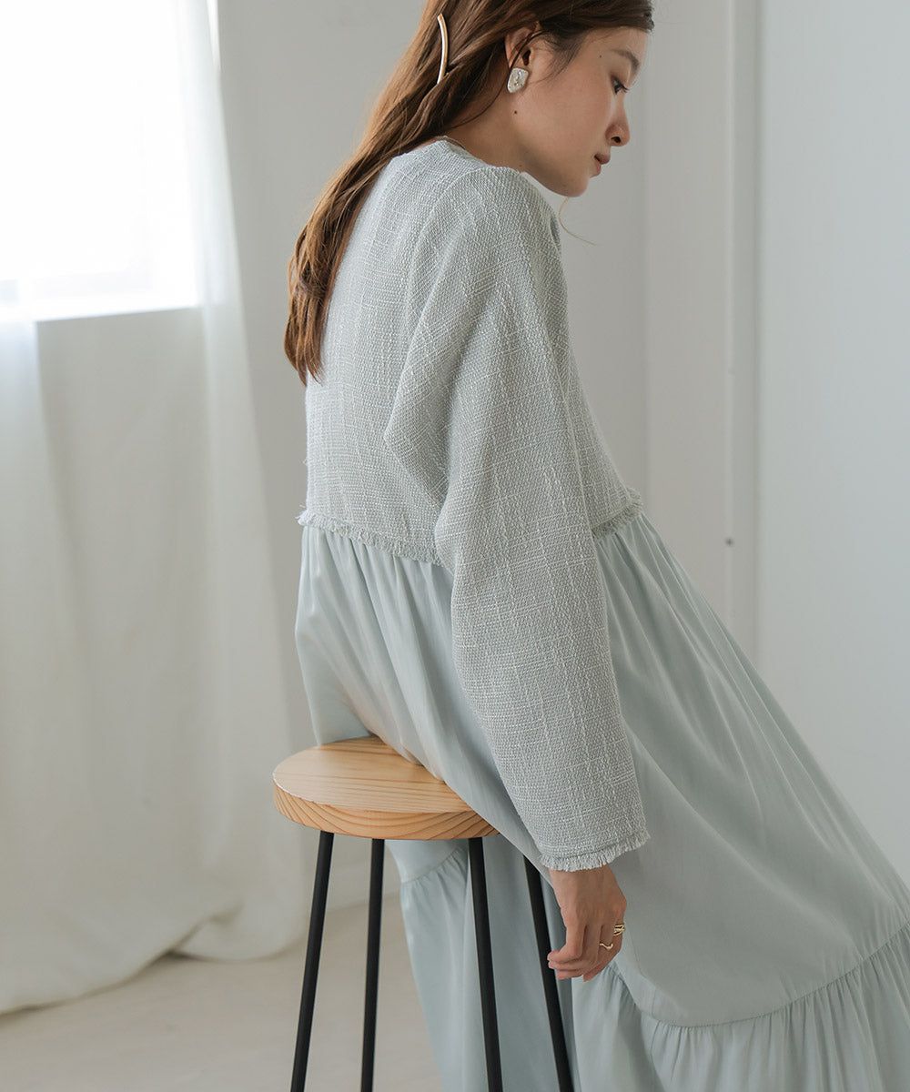 日本 Bab - 仙氣花呢異材質拼接長袖洋裝-黑