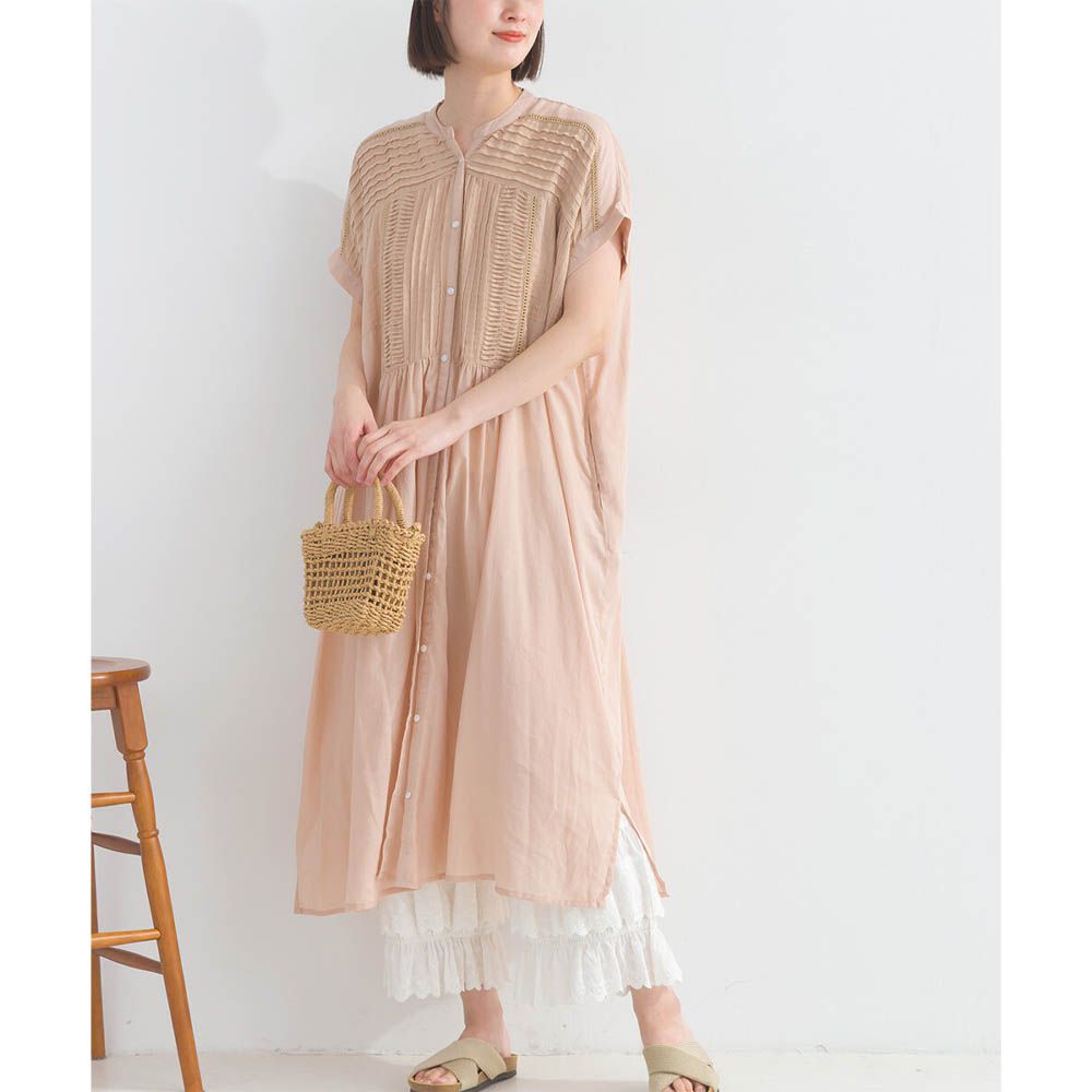 100%棉 迷人皺摺襯衫式短袖洋裝-淺粉