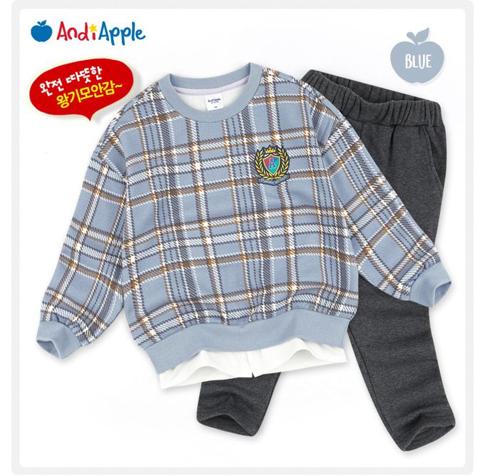 韓國 AndiApple - 學院風格紋假兩件內刷毛長袖套裝-深藍