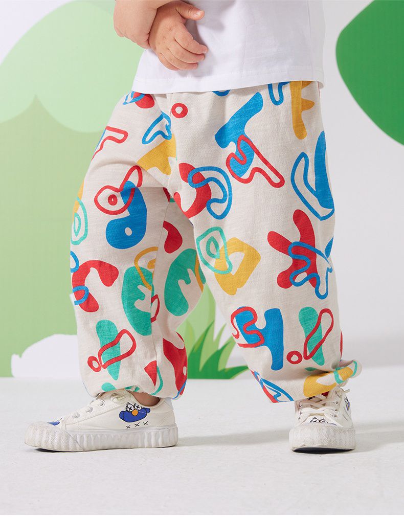 竹節棉束口長褲/防蚊褲-滿版繽紛英文字母-杏色