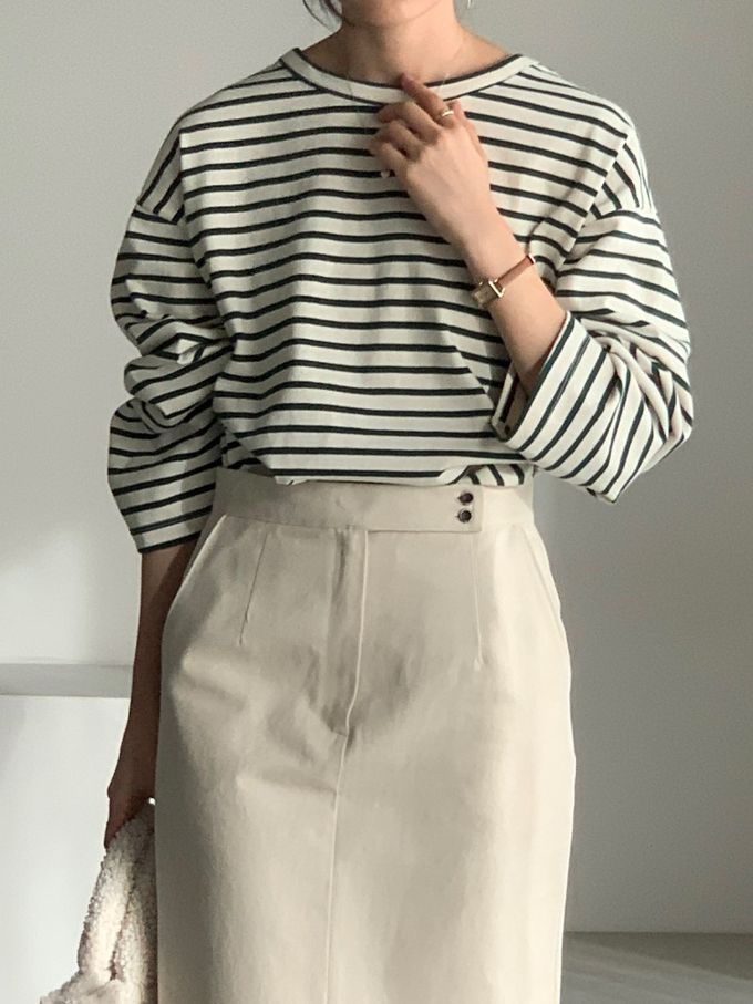 韓國女裝連線 - 不對稱後開衩條紋長袖上衣-墨綠 (FREE)