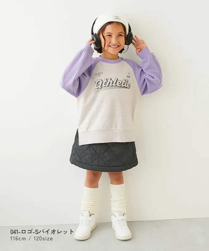 日本 devirock - 可愛女孩印花縮口長袖上衣-下擺開岔-燕麥X炭灰