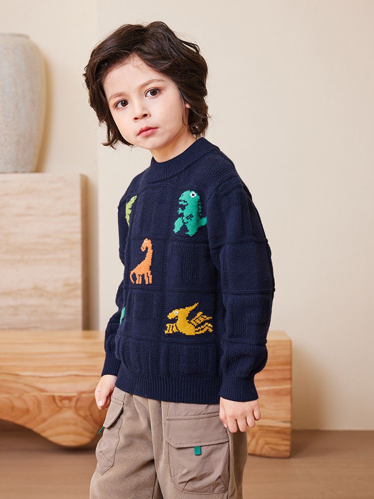 圓領保暖針織長袖上衣/毛衣-英文字恐龍-橘色