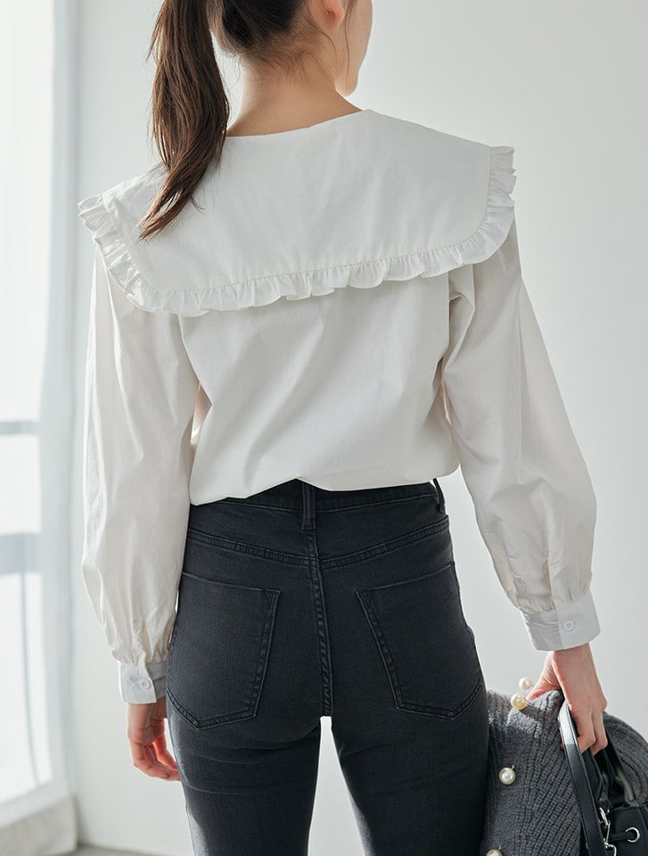 日本 fifth - 復古大片荷葉領V領襯衫-白