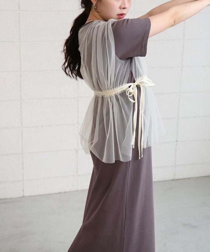 日本 Bab - 層次設計感薄紗拼接短袖洋裝-象牙