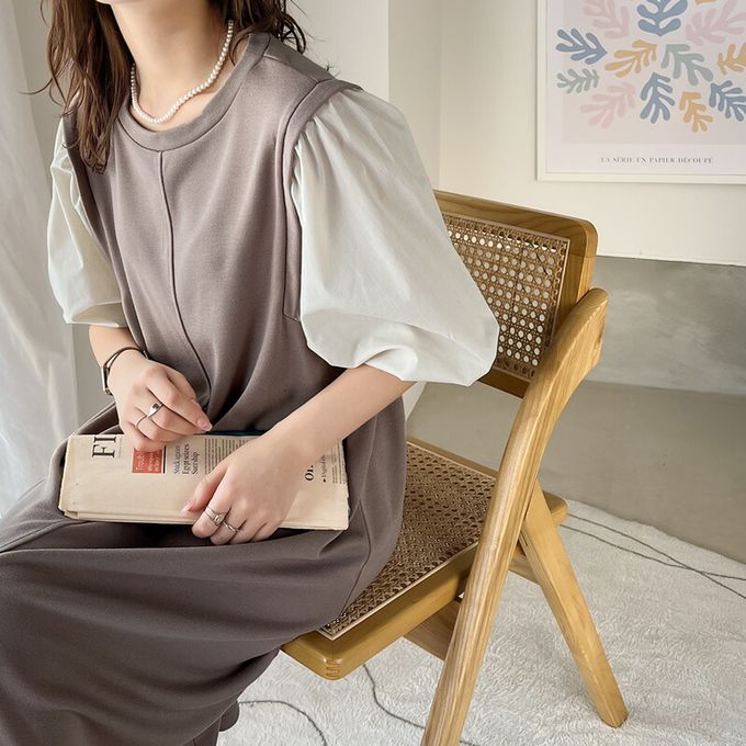 日本 Classical Elf - 優雅泡泡拼接袖修身洋裝-摩卡x米白