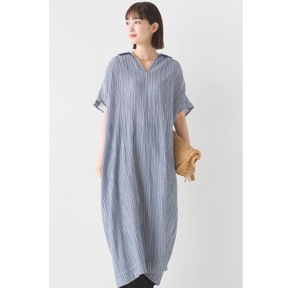日本 OMNES - 100%印度棉 二重紗V領短袖洋裝-深藍條紋