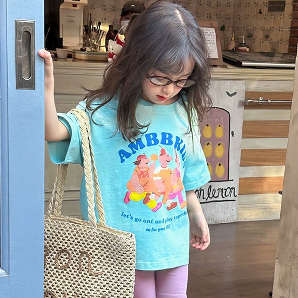 手繪風美式休閒純棉短袖上衣-藍綠