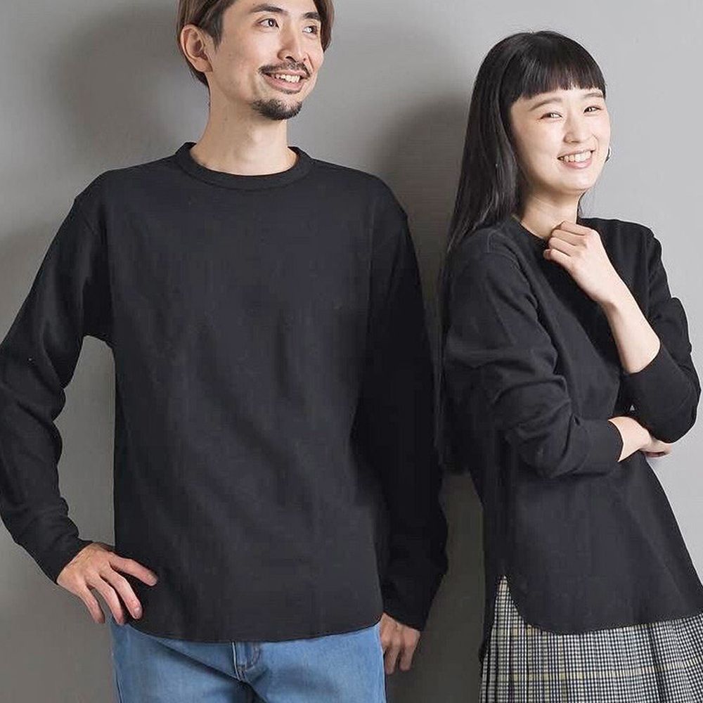 日本 OMNES - 純棉 蜂窩透氣設計長袖上衣(情侶款)-黑