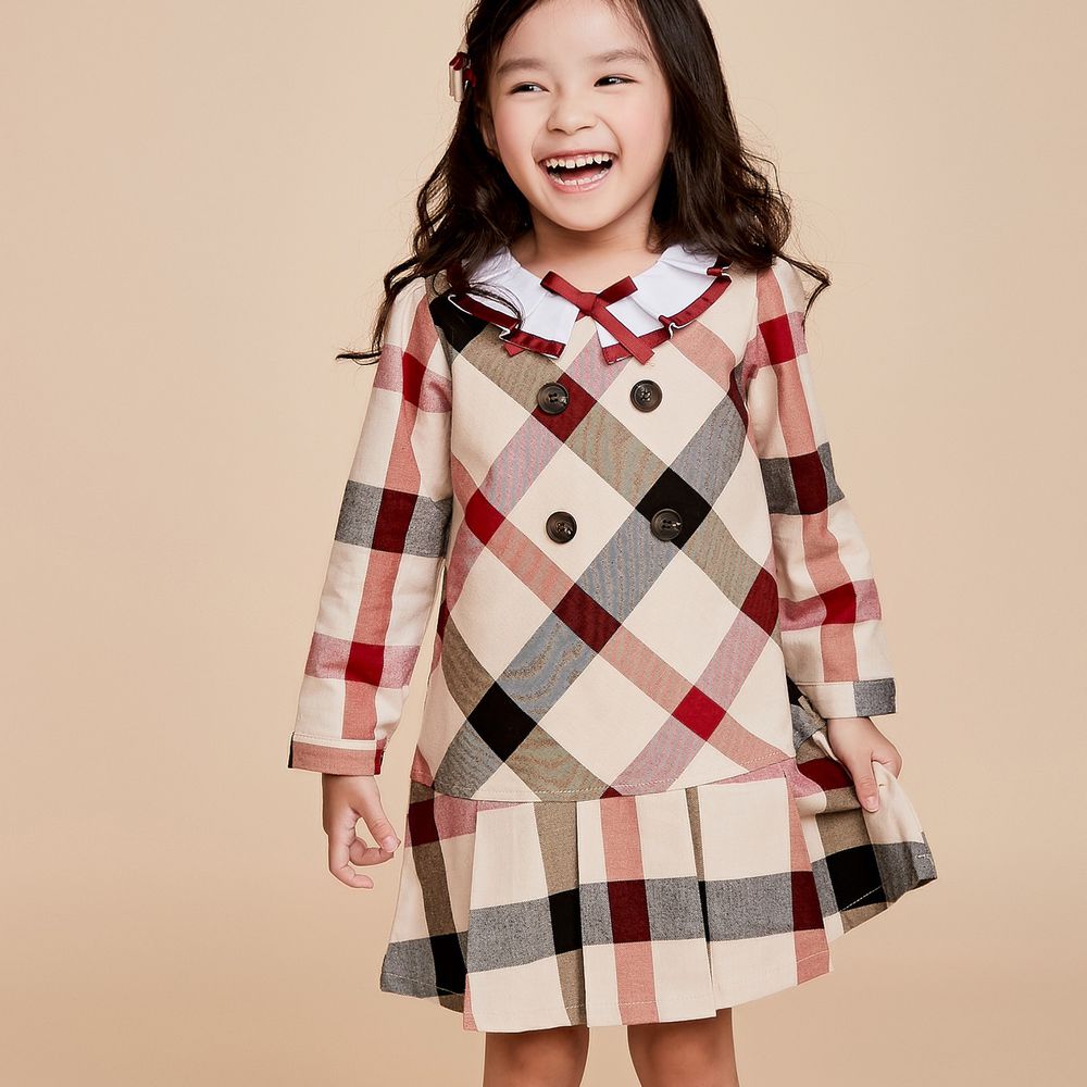 韓國 Coco Bang - 裝飾雙排釦格紋洋裝-英倫格紋