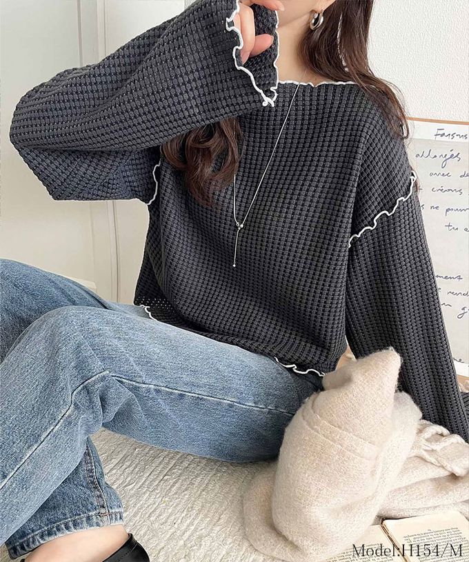 日本 Classical Elf - 2way華夫格木耳捲邊浪漫長袖上衣-白