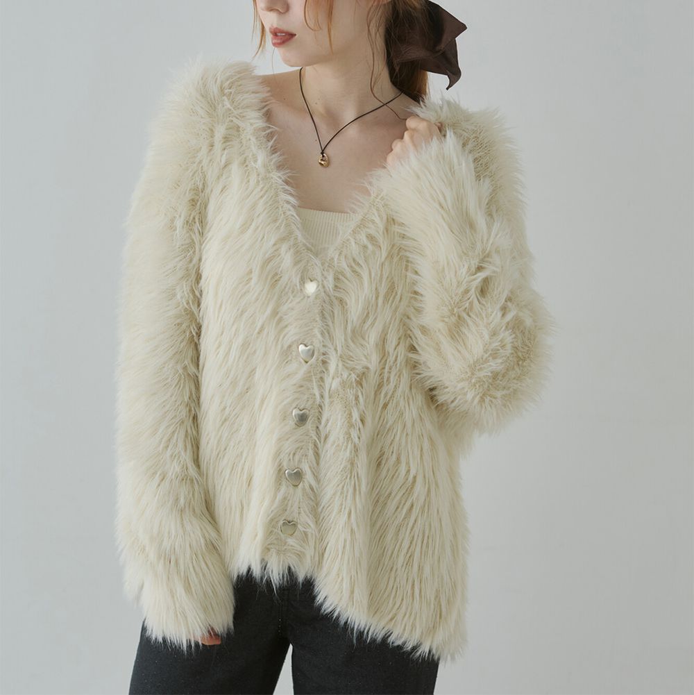 奢華毛海愛心扣前後2way開襟衫-長版-象牙
