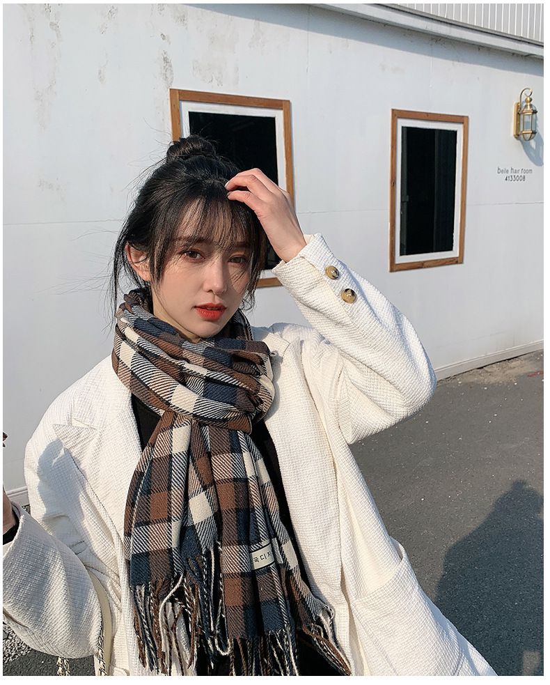 仿羊絨多彩格紋暖暖圍巾-灰+棕 (200x70cm)