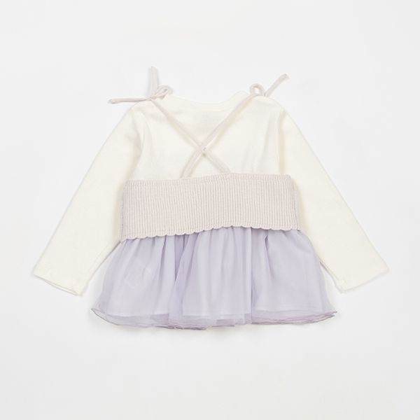 日本 petit main - 聯名款 針織細肩帶+雪紡拼接長袖(二件式)-黛西-粉紫