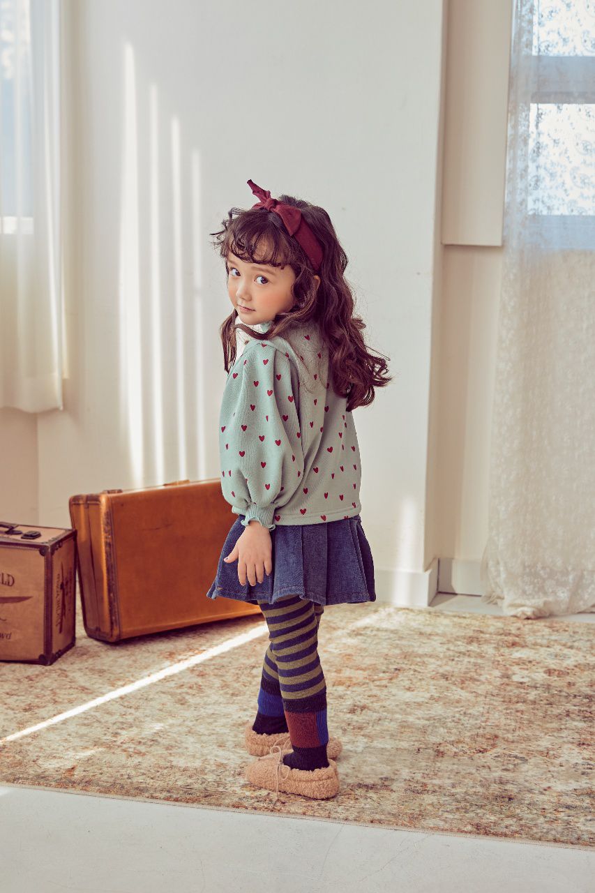 韓國 Mimico - (裏起毛)微笑花朵愛心泡泡袖T-薄荷綠