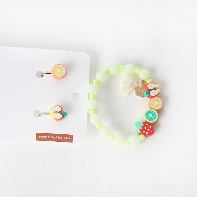 韓國 Babyblee - 水果派對飾品禮物組-草莓X橘子-桃粉-手鏈X1+耳環1對