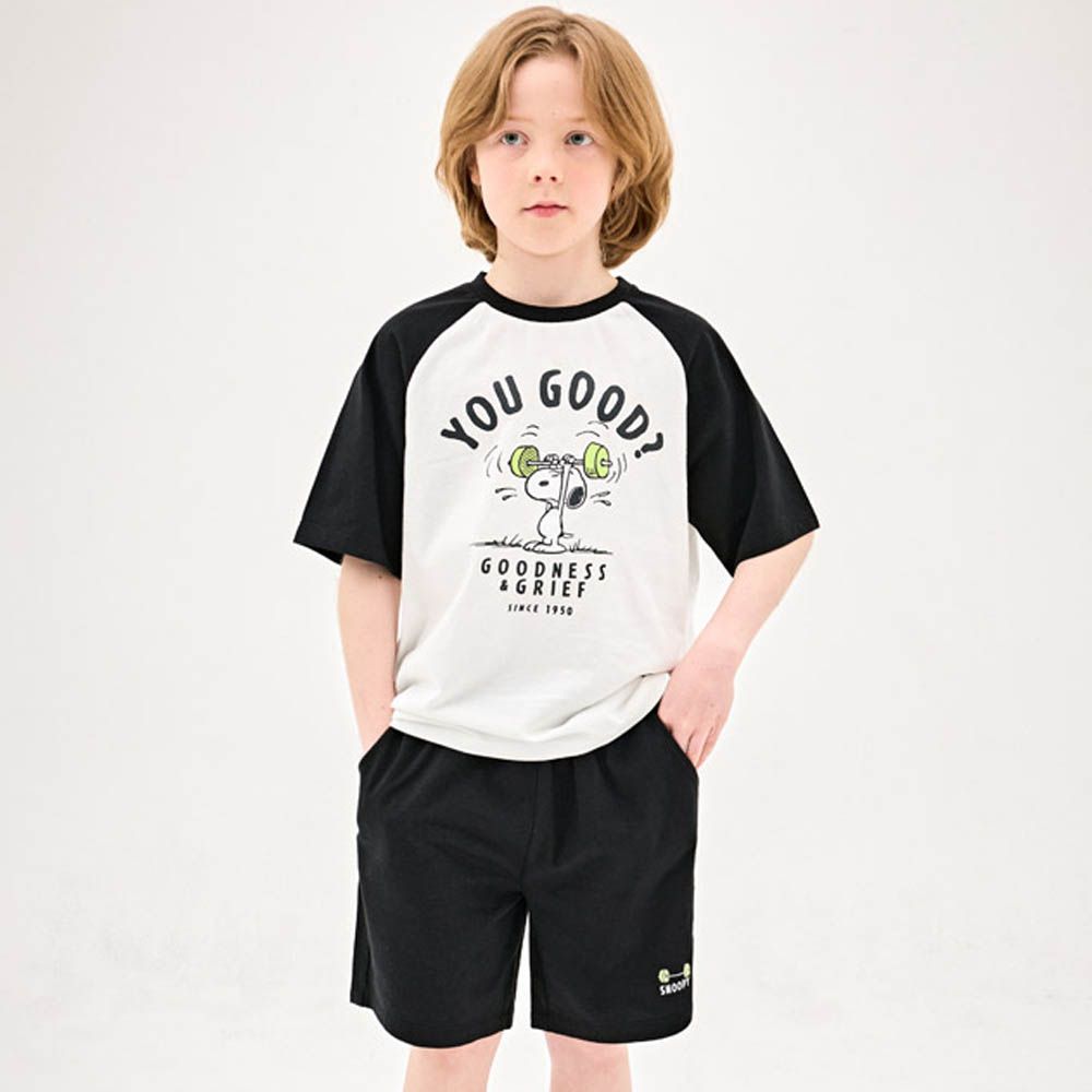 (聯名款)舉重圖案純棉短袖套裝-卡通人物史努比-白X黑