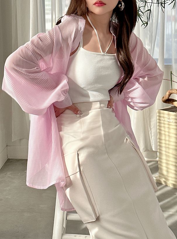 日本 GRL - 店員推薦 微透膚翻領長袖襯衫-直條紋-櫻花粉 (F)