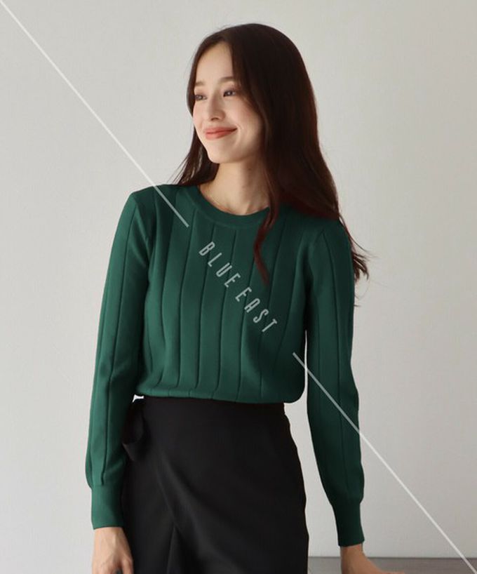 日本 BLUE EAST - 圓領粗坑條長袖針織上衣-酒紅