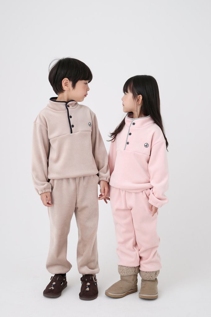 韓國 Coco Bang - (兩件式)鈕扣羅紋立領長袖套裝-卡其