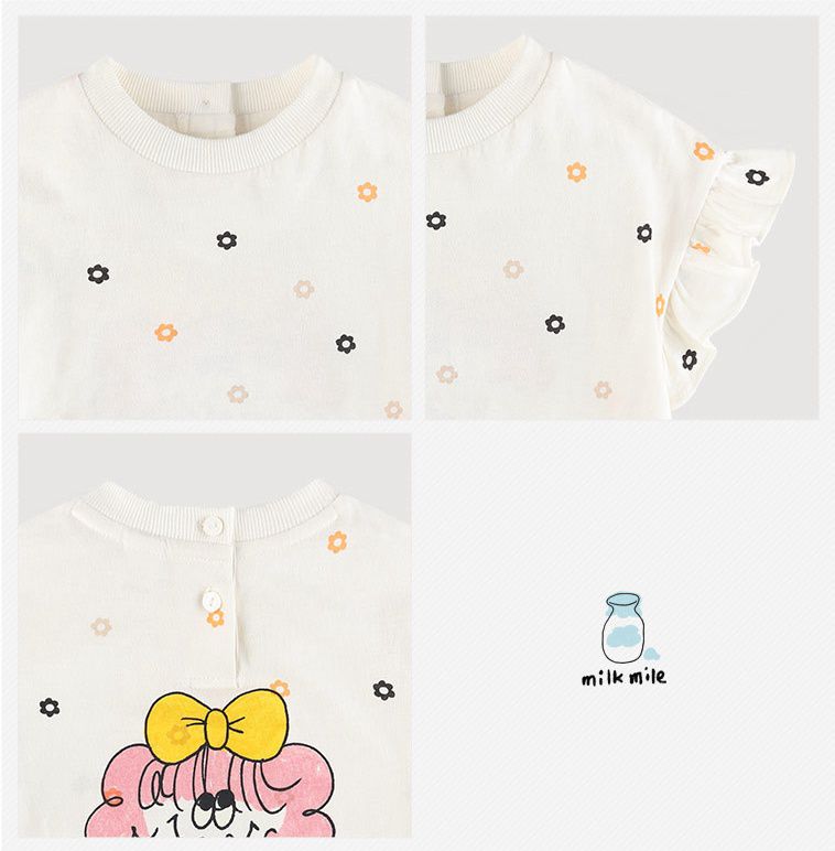 韓國 milk mile - 花朵點綴女孩印花上衣-象牙白