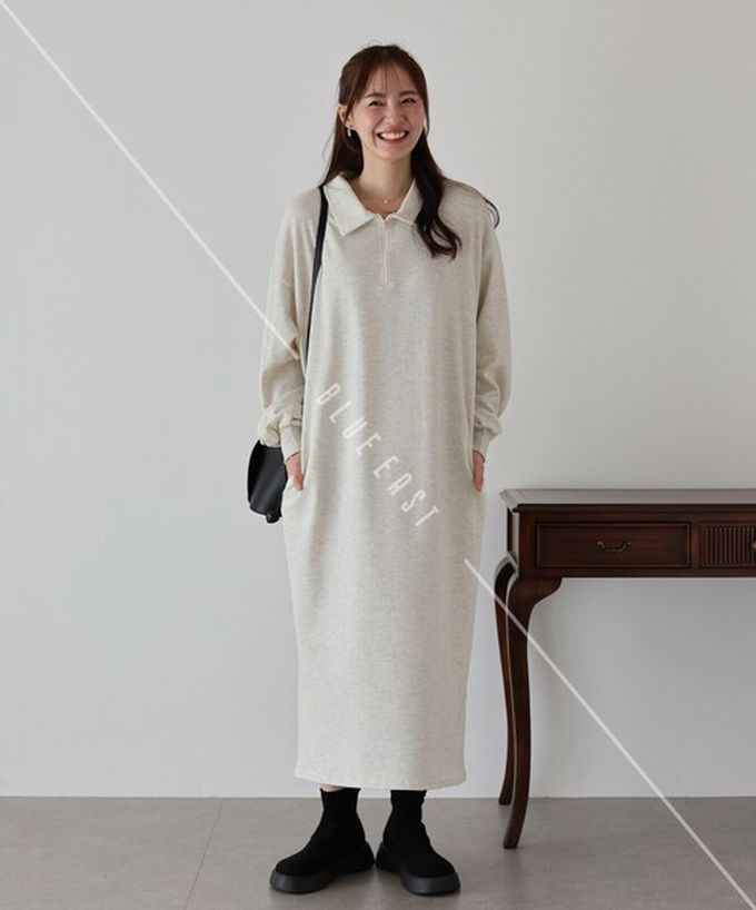 日本 BLUE EAST - 半拉鏈時尚休閒長袖洋裝-淺灰