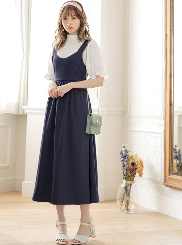 日本 GRL - 美背後綁帶蝴蝶結吊帶裙x五分袖上衣套裝-天空藍